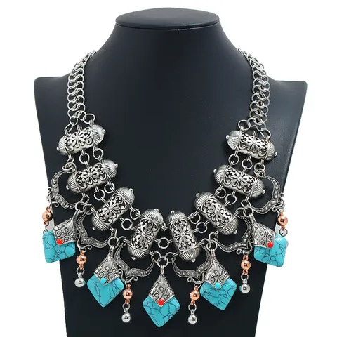 Exaggerated Vintage Alloy Statement Necklace Turquoise Pendant Bohemian Chunky Collar Necklace For Women Jewelry