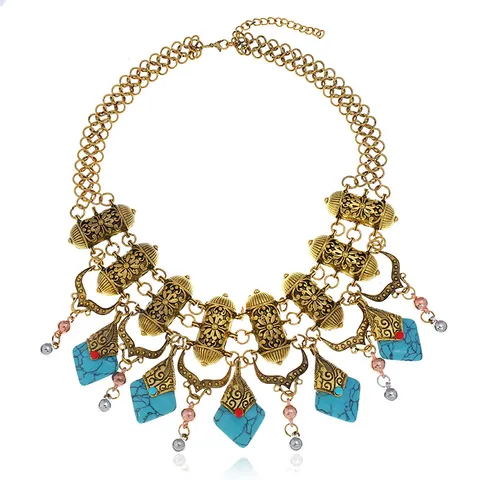 Exaggerated Vintage Alloy Statement Necklace Turquoise Pendant Bohemian Chunky Collar Necklace For Women Jewelry