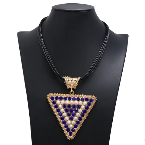 Exaggerated Alloy Rhinestone Artificial Pearl Leather Cord Bib Necklace Geometric Statement Collar Jewelry For Women