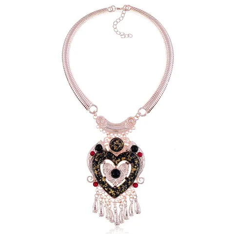 Vintage Bohemian Alloy Heart Glass Pendant Tassel Sweater Chain Necklace Women Fashion Statement Jewelry Gift