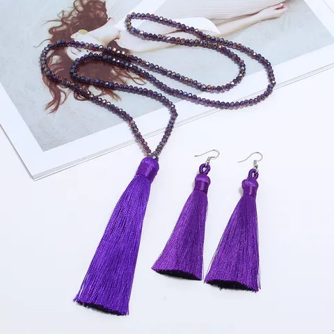 Mode Kristallperlen Lange Quaste Halskette Und Ohrringe Set Eleganter Legierung Statement Schmuck Für Damen Party Täglich