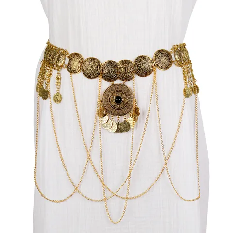 Vintage Coin Tassel Waist Chain Alloy Body Chain Multi Layer Belly Dance Beach Party Jewelry Accessories For Women