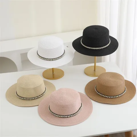 Sombrero de Paja de Verano Elegante Francés para Mujer Cuentas de Perlas Protección Solaire Sombrero de Playa Visera de Ala Plana Gorro de Vacaciones