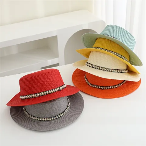 Sombrero de Paja de Verano Elegante Francés para Mujer Cuentas de Perlas Protección Solaire Sombrero de Playa Visera de Ala Plana Gorro de Vacaciones