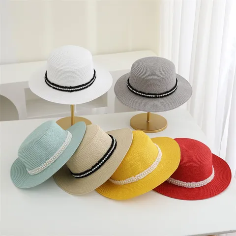 Chapeau de Paille Femme Été Plage Bord Large Avec Ruban de Perles Vacances Décontracté Protection UV Chapeau de Soleil Mode Femme