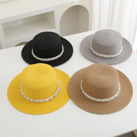 Damen Sommer Flach Top Strohhut Strandurlaub Reise Sonnenschutz Fedora Hut Eleganter Perlen Gewebter Sonnenhut