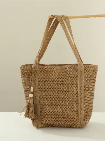 Γυναικεία Casual Υφαντή Τσάντα Tote από Χάρτινο Άχυρο Μεγάλης Χωρητικότητας Τσάντα Ώμου για Δουλειά Φούντα Τσάντα Παραλίας Καλοκαιρινή