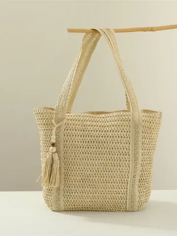 Γυναικεία Casual Υφαντή Τσάντα Tote από Χάρτινο Άχυρο Μεγάλης Χωρητικότητας Τσάντα Ώμου για Δουλειά Φούντα Τσάντα Παραλίας Καλοκαιρινή