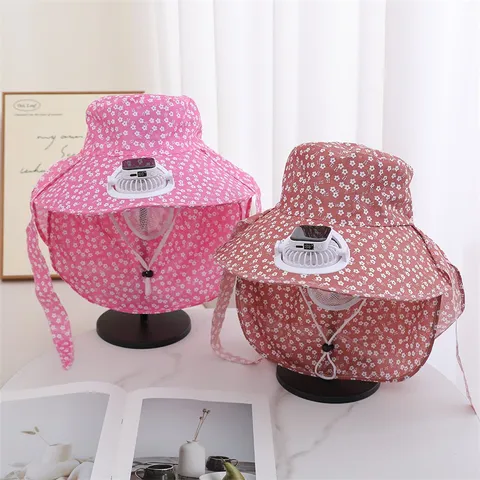 Women Floral Print Sun Protection Sun Hat Wide Brim Outdoor Beach Cap With Solar Charging Fan And Face Shield
