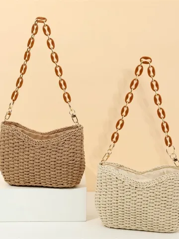 Woven Straw Tote Bag Handcrafted Crochet Shoulder Bag Casual Beach Vacation Underarm Bag Women Fashion Handbag