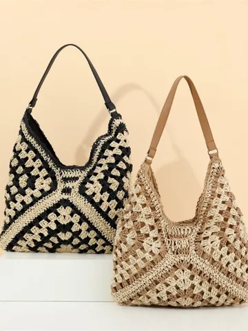 Woven Straw Tote Bag Handcrafted Crochet Shoulder Bag Casual Beach Vacation Underarm Bag Women Fashion Handbag