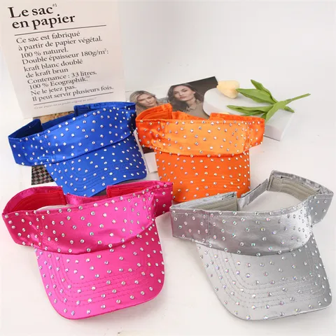 Women Rhinestone Visor Hat Summer Sun Protection Empty Top Hat Sparkly Crystal Beach Casual Adjustable Sports Cap