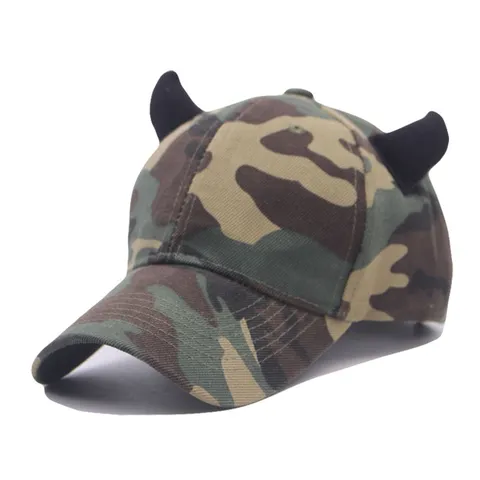 Casquette de Baseball Camouflage Unisexe Avec Cornes de Diable Mélange de Coton Ajustable Protection Solaire Chapeau Casual