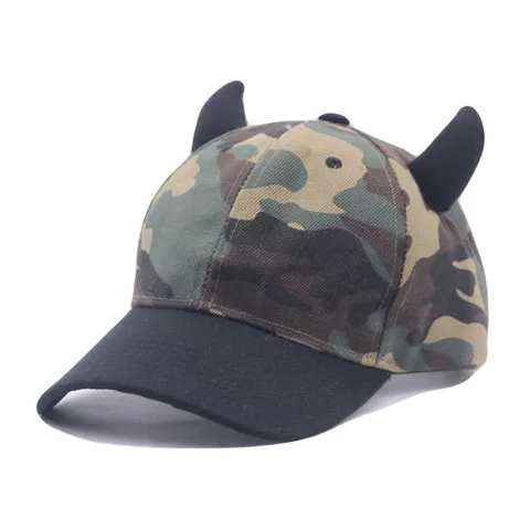 Casquette de Baseball Camouflage Unisexe Avec Cornes de Diable Mélange de Coton Ajustable Protection Solaire Chapeau Casual