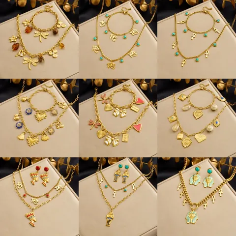 Vintage Ägyptischer Pharao Ankh Kreuz Edelstahl Vergoldet Mehrschichtige Halskette Armband Ohrringe Damen Schmuck