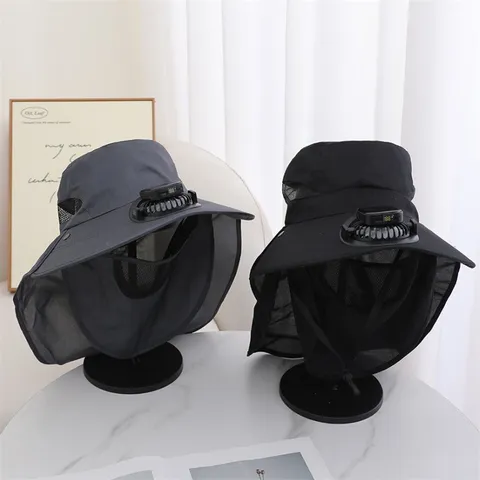 Chapeau Bob de Protection Solaire Extérieur Unisexe Avec Ventilateur Solaire USB Large Bord Anti-UV Chapeau de Randonnée Pêche