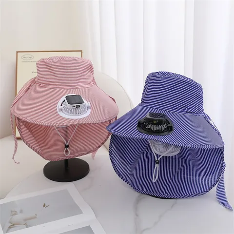 Chapeau de Soleil d'Été avec Ventilateur Solaire Femme Extérieur Protection UV Large Bord Pêche Randonnée Chapeau Bob