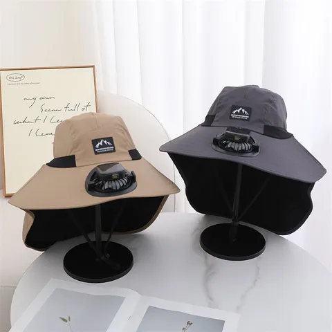 Solar Charging Fan Sun Hat Men Outdoor Hiking Wide Brim Shawl Sun Protection Fishing Cap
