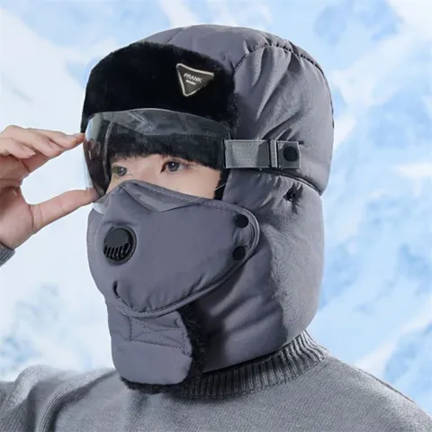 Winter Thermal Trapper Hat Windproof Waterproof Ear Flap Bomber Hat With Goggles And Face Mask For Men Outdoor Cycling