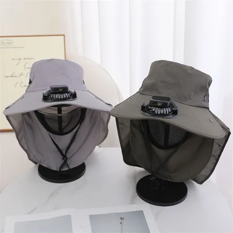 Chapeau Bob de Protection Solaire Extérieur Unisexe Avec Ventilateur Solaire USB Large Bord Anti-UV Chapeau de Randonnée Pêche