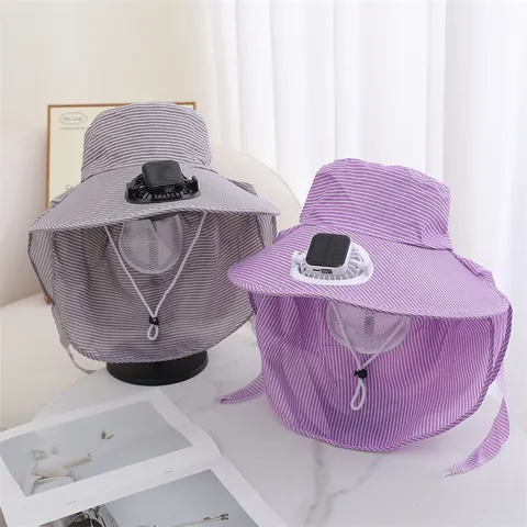 Chapeau de Soleil d'Été avec Ventilateur Solaire Femme Extérieur Protection UV Large Bord Pêche Randonnée Chapeau Bob