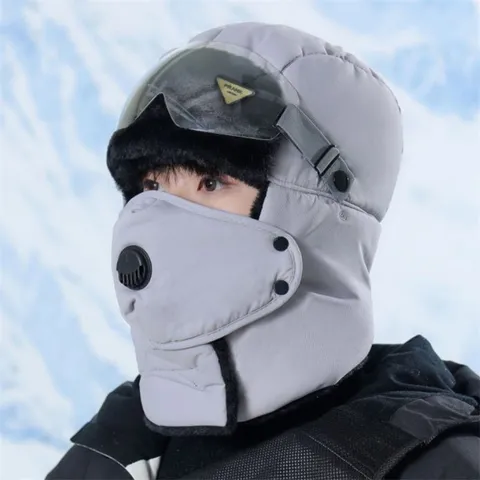 Winter Thermal Trapper Hat Windproof Waterproof Ear Flap Bomber Hat With Goggles And Face Mask For Men Outdoor Cycling