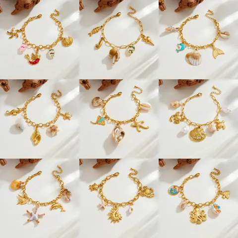 Vergoldet Edelstahl Marine Serie Seestern Muschel Anhänger Armband Mode Strand Urlaub Schmuck Für Damen