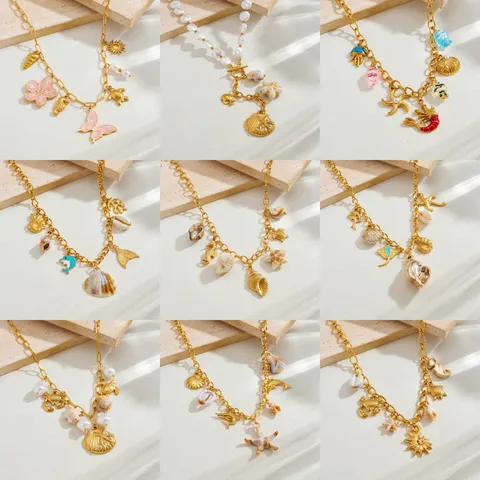 Edelstahl Vergoldet Meereslebewesen Muschel Seestern Anhänger Halskette Strand Sommer Mode Schmuck Geschenk Für Damen