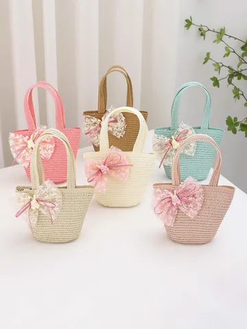 Lindo Bolso Tejido de Paja para Niñas Dulce Lazo de Encaje Adorno de Conejo Monedero de Paja de Princesa para Viajes al Aire Libre Playa de Verano Mini Bolsos Tote