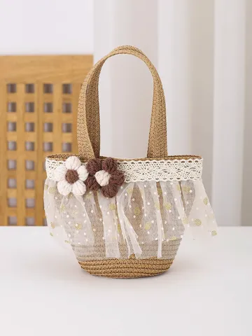Kids Mini Straw Woven Bag Cute Mesh Pearl Toddler Coin Purse Sweet Floral Lace Ribbon Crossbody Handbag For Girls Photo Travel Gift