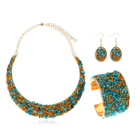 Westliche Mode Geometrische Legierung Statement Halskette Manschette Armband Tropfen Ohrringe Drei Teile Schmuck Set Strass Choker Bankett Party Schmuck Für Damen