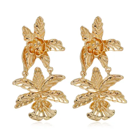 Alloy Flower Drop Earrings Double Layer Metallic Floral Dangle Stud Earrings Für Frauen Party Statement Schmuck Geschenk