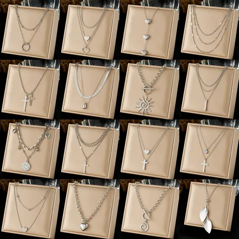 Fashion Stainless Steel Layered Pendant Necklace For Women Men Gold Silver Plated Cross Heart Sun Leaf Stacking Choker Daily Jewelry Gift