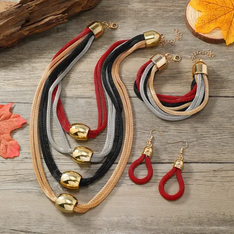 Vintage Legierung Mehrlagige Netz Kette Statement Schmuckset Übertriebene Klobige Halskette Ohrringe Armband Set Für Damen Party Schmuck