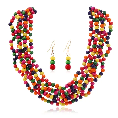 Bohemian Ethnisch Mehrfarbig Holzperlen Quaste Halskette Ohrringe Set Afrikanischer Stil Mehrlagig Strand Choker Ohrringe Set Für Damen Party Urlaub Schmuck Geschenk