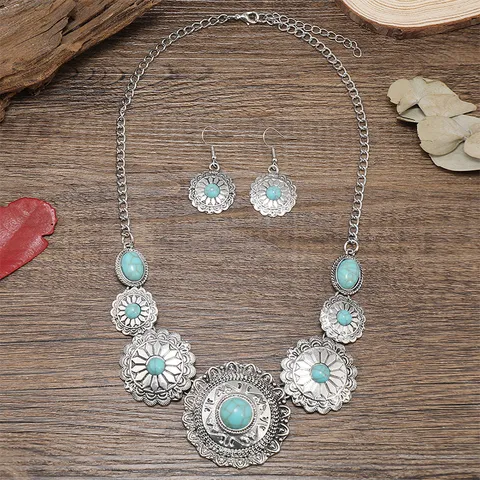 Bohemian Vintage Legierung Strass Blumen Halskette Ohrringe Set Retro Geometrische Schnitzerei Statement Schmuckset Für Damen Party