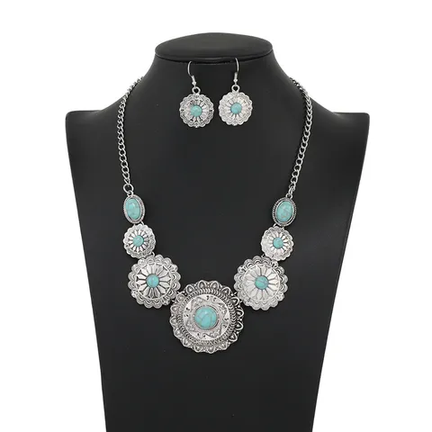 Bohemian Vintage Legierung Strass Blumen Halskette Ohrringe Set Retro Geometrische Schnitzerei Statement Schmuckset Für Damen Party