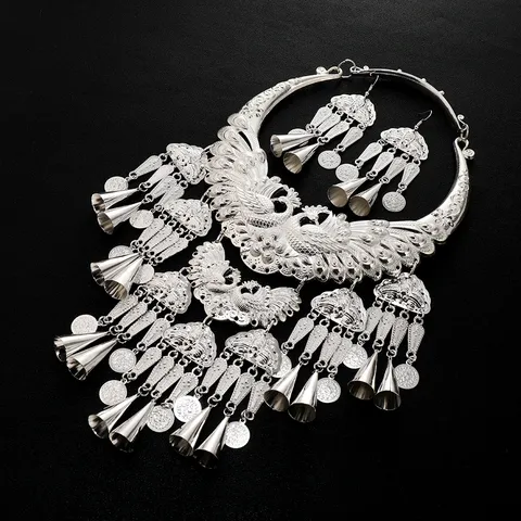 Vintage Zinc Alloy Peacock Choker Necklace Earrings Set Exaggerated Ethnic Choker With Tassel Bells Clothing Accessories For Women