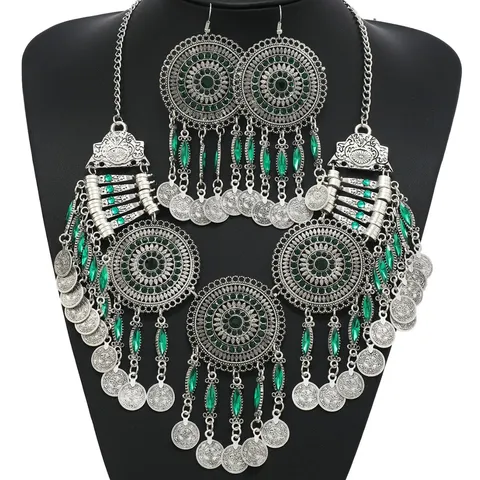 Boho Legierung Strass Münze Quaste Mehrlagige Halskette Ohrringe Set Vintage Galvanisiert Statement Schmuck Für Damen Reisen Party Geschenk