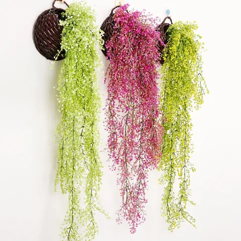Plantes Suspendues Artificielles en Saule Cloche Dorée Vignes en Rotin Plastique Fausses Fleurs de Verdure Pour Décoration Murale de Jardin à la Maison