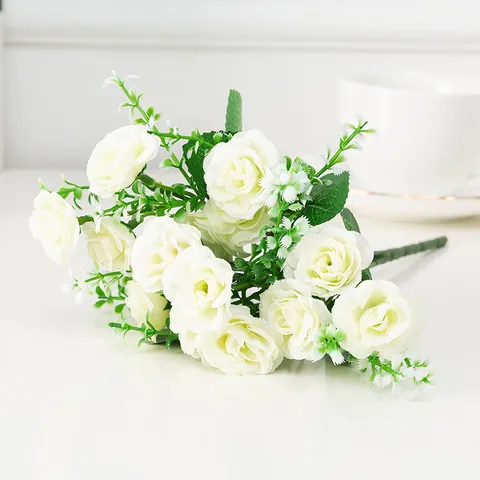 Bouquet de Fleurs de Rose en Soie Artificielle 15 Têtes Bords Roulés Fausses Roses Pour Fête de Mariage Décoration de Table à Manger