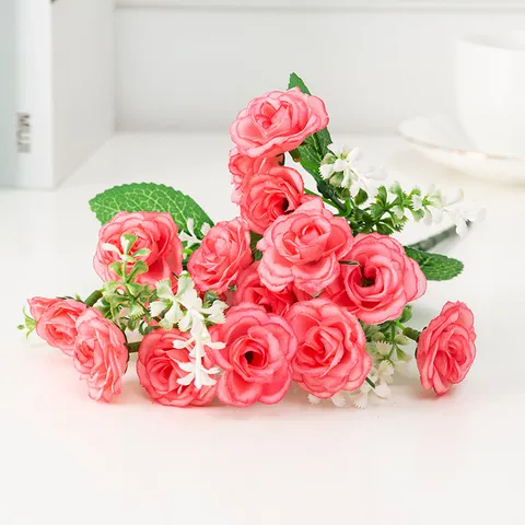 Bouquet de Fleurs de Rose en Soie Artificielle 15 Têtes Bords Roulés Fausses Roses Pour Fête de Mariage Décoration de Table à Manger