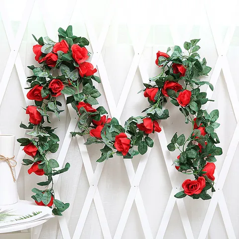 Artificial Rose Flower Rattan Silk Cloth Fake Garland For Wedding Arch Home Wall Decor Plant Vine