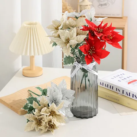 Bouquet de Noël Poinsettia Artificiel Fleur en Soie Décoration de Maison de Vacances Accessoires de Photographie Arrangement Floral Festif