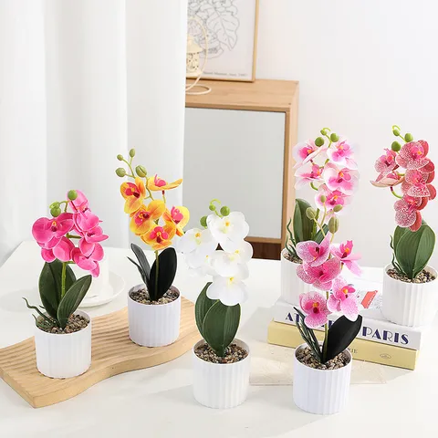 Plante en Pot d'Orchidée Phalaenopsis Artificielle Bonsaï de Fleurs en Caoutchouc Souple Avec Vase Blanc Pour Décoration de Bureau