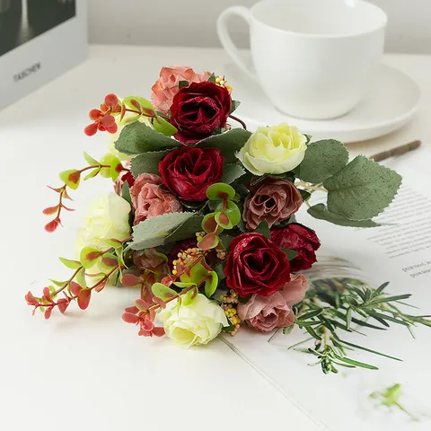 Bouquet de Roses en Soie Artificielle Fausses Fleurs pour Mariage Décoration Maison Accessoires de Photographie Arrangement Floral