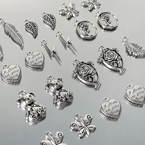 DIY Alloy Pendants Heart Butterfly Bear Rose Leaf Charms Silver Metal Findings For Handmade Necklace Bracelet Making