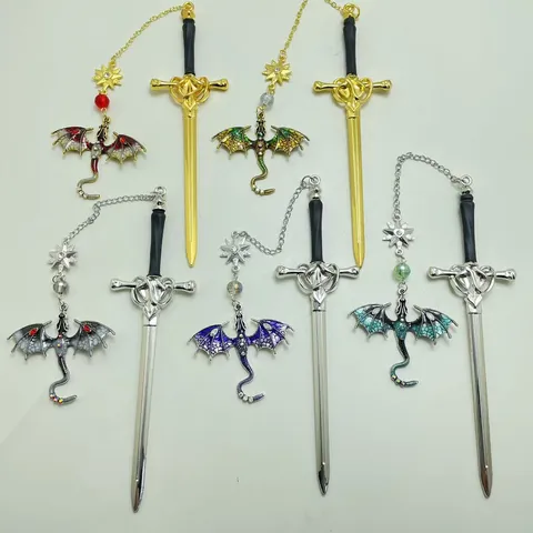 Retro Alloy Sword Weapon Design Metal Bookmark With Winged Dragon Pendant Rhinestone Inlaid Star Charm Student Reading Book Accessories Gift