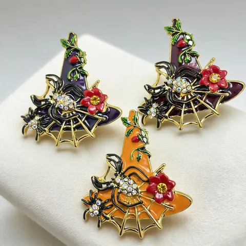 Vintage Zinc Alloy Rhinestone Witch Hat Brooch Halloween Spider Web Floral Vine Enamel Pin Costume Badge Jewelry Gift For Women