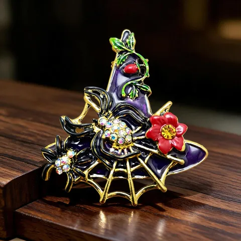Vintage Zinc Alloy Rhinestone Witch Hat Brooch Halloween Spider Web Floral Vine Enamel Pin Costume Badge Jewelry Gift For Women